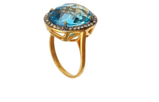 Zlat prstan modri topaz 12 x 16 mm z diamanti